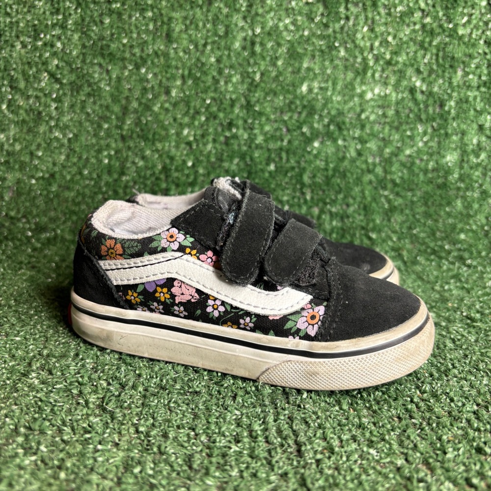 Vans Old Skool Floral Canvas Suede Hook Loop Skate Sneaker Shoe Black Toddler 7